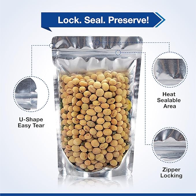 BELLE KR® 6x9 Mylar Bags Stand Up - Pack Of 100-7.5mil Thick - Clear Mylar Bags with See Through Window for Freeze Drying Food - Bonus Labels Included