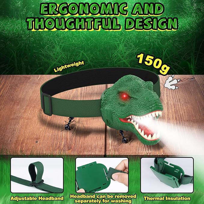 Nitigo Dinosaur Headlamp for Kids Flashlight Led Headlights Roar & Silent Mode, T-Rex Dinosaur Toys for Kids 3-5 4-6 5-7 6-8, Camping Gear, Easter Gifts for Boys Girls Adults
