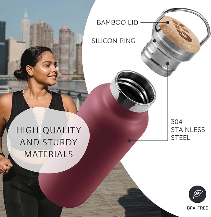 Bambaw Small Stainless Steel Water Bottle 12 oz with Handle, Wide Mouth Insulated Water Bottle Double Wall, Made of High-Grade Stainless Steel, Small Size, Fits in Cup Holder, Reusable (Red Berry)