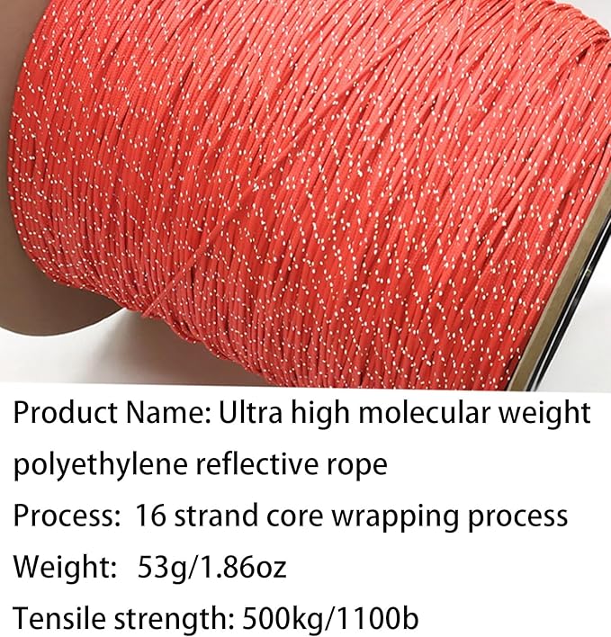 Dyneema Reflective Rope -2mm 400kg Fracture Strain - Suitable for Tents, Kite Surfing, and Other 65 feet (red, 2mm)