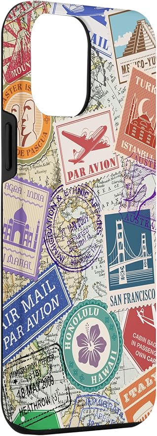 World Map Travel Passport Stamps Postage Stamp Case for iPhone 12 Pro Max