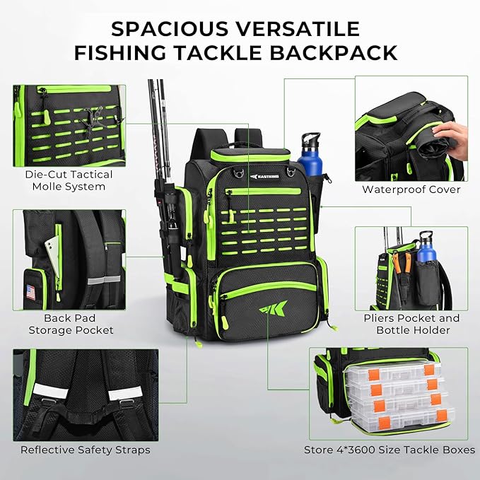KastKing Bait Boss Fishing Tackle Backpack with Rod Holders-4 Tackle Boxes-Rain Cover,45/43L Large Storage for Fishing Gear