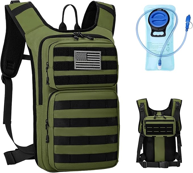 Koculemi Tactical Hydration Backpack with 2L Water Bladder and Front Small Tactical Pouch, Outdoor Water Backpack for Men Women, Sports Hydration Pack for Hiking, Cycling, Climbing
