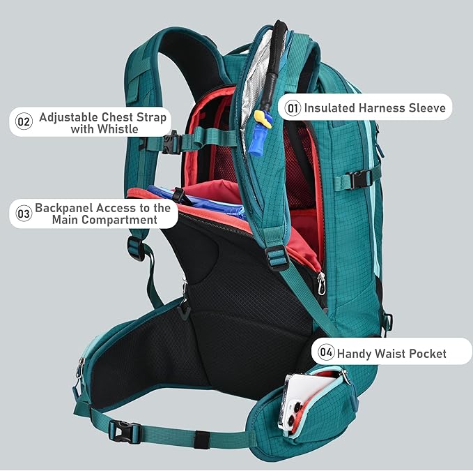 Ski and Snowboard Hydration Backpack, with 2L Water Reservoir and Insulated Harness, 30L Hydration Pack for Skiing, Hiking