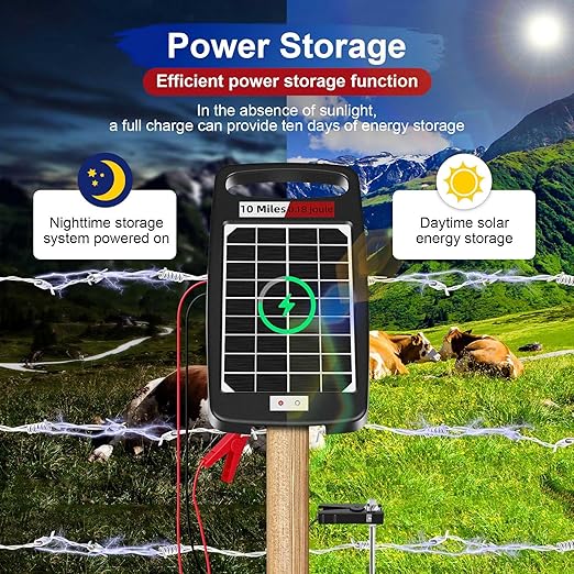 10 Miles Solar Powered Electric Fence Charger – 0.18J Output, 24/7 Day/Night Protection, Portable Fence Energizer for Dogs, Chickens, Garden, Livestock, Rechargeable Solar Panel, Rugged & Waterproof