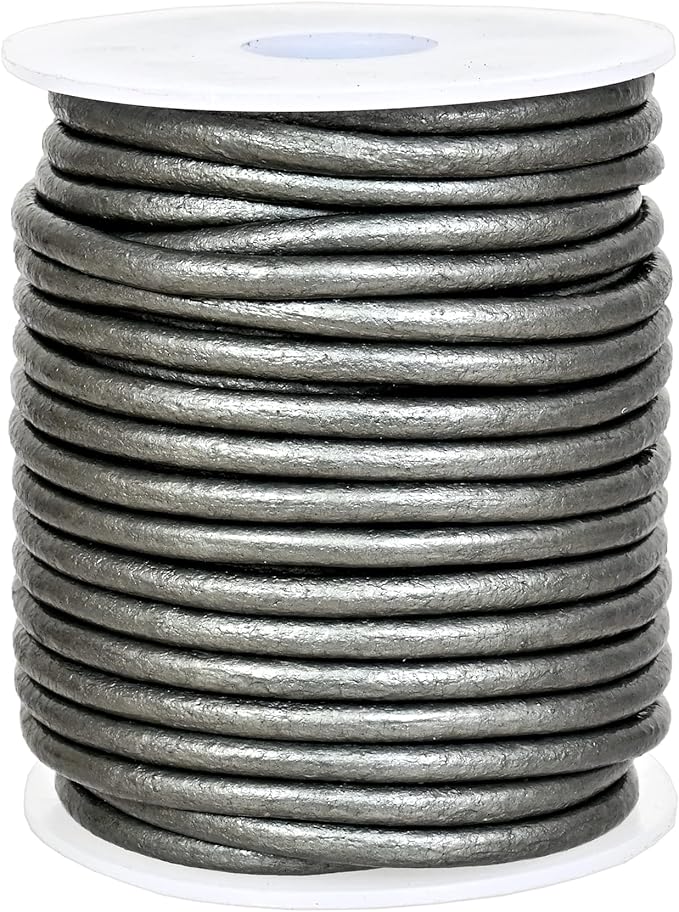 GENIQUE Real/Genuine Round Leather String Cord for Necklace, Bracelets, Jewelry, Kumihimo Braiding, DIY Projects (10 Metres) (3mm, Grey Metallic)