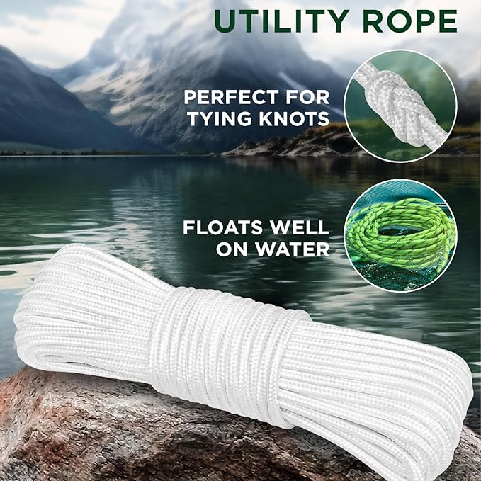 TECEUM Clothes Line & Flag Pole Rope – 1/4” & 3/8” – 90 FT | 150 FT – Strong All-Purpose Utility Rope – Camping, Crafting, Indoor & Outdoor – Polypropylene Nylon Lightweight Diamond Braided Cord White