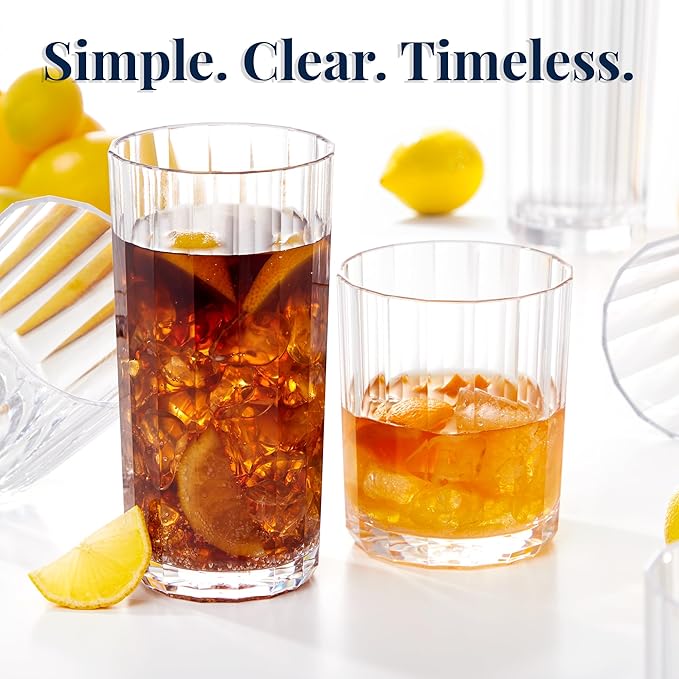US Acrylic Faceted Clear Plastic Reusable Drinking Glasses (Set of 8) 14oz Rocks & 18oz Water Cups, BPA-Free Tumblers, Made in USA, Top-Rack Dishwasher Safe