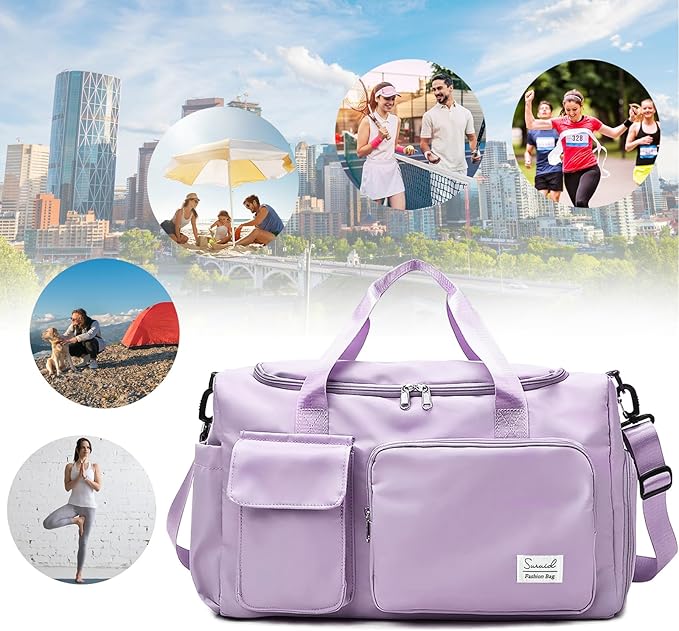 Suruid Travel Duffel Bag with Shoes Compartment Sports Gym Bag with Dry Wet Separated Pocket for Men and Women, Overnight Bag Weekender Bag Training Handbag Yoga Bag - Purple