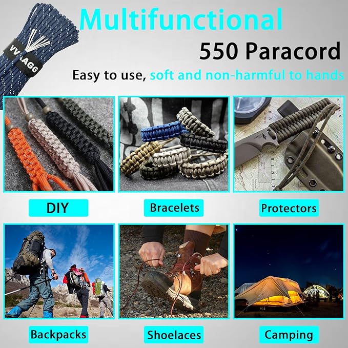 VVAAGG Reflective Paracord Rope 100FT, 7 Strand Nylon para Cord Lanyard Utility 550 Parachute Cord, 4mm Thin Tent Rope for Outdoor Camping Hiking
