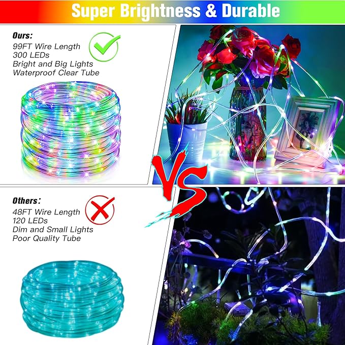Nazuwke 99Ft LED Rope Lights Outdoor, 18 Colors Changing Fairy String Light Plug in with Remote, IP68 Waterproof 300 LEDs Multicolor Twinkle Christmas Lights for Bedroom Patio Halloween Holiday Decor