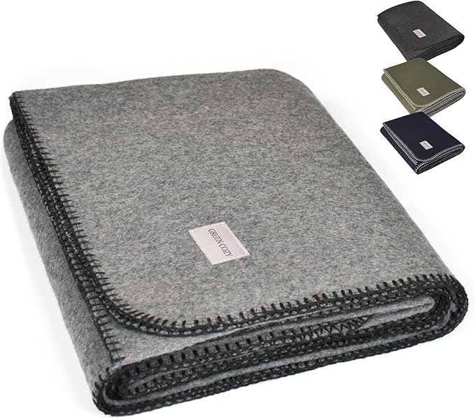 Military Style Wool Blanket – Cushioned, Breathable, Durable, Warm & Washable – Double-Stitched Border – Great for Camping, Outdoor, First Aid, Travel, Car – Fire-Resistant – 64"x90" 4.7lb (Gray)