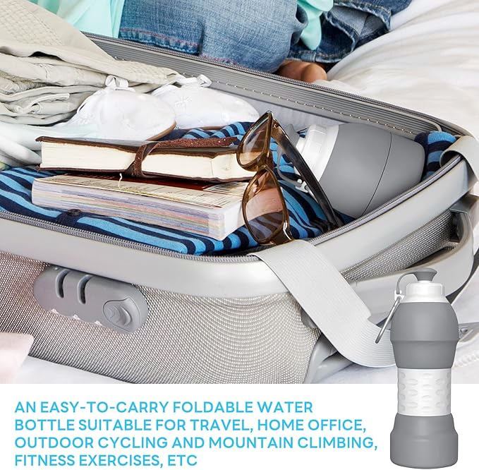 Collapsible Lightweight 20oz Water Bottle, Food-Grade Silicone BPA Free, Foldable Portable Leak Proof Office Travel Cycling Sports Outdoor Water Bottle with Vertical Hook (grey, Short nozzle)
