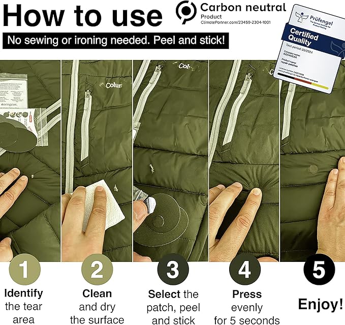 aZengear Repair Patches - Waterproof, Self-Adhesive, Tear-Cold-Heat-Resistant Polyester Fabric to Fix Down Jacket, Puffer, Snowsuit, Shoe, Tent, PVC, Clothing, Upholstery (Olive Green)