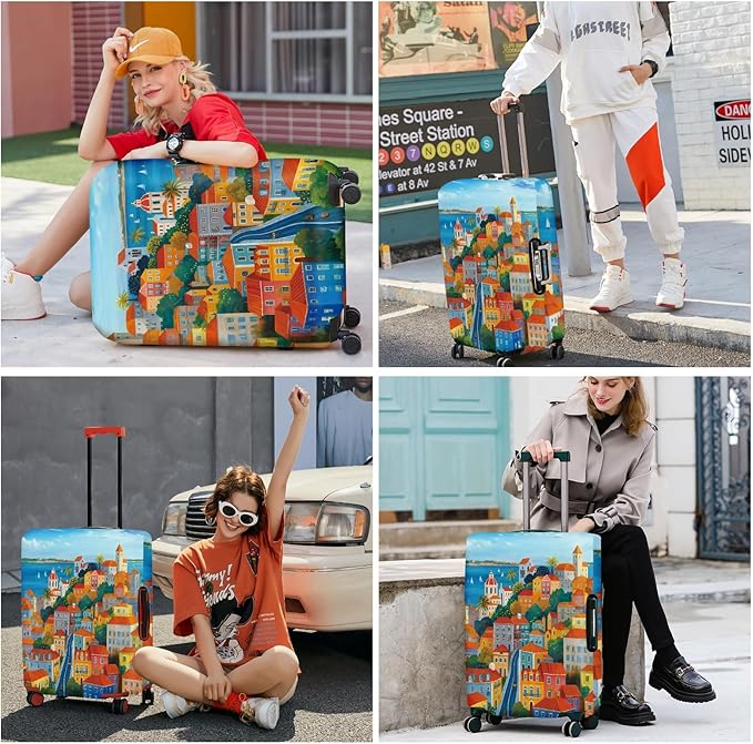 ANNA QUEEN Mediterranean Town Luggage Cover, Coastal City Suitcase Protector, Stretchable Washable Travel Cover for 20-22 Inch Luggage