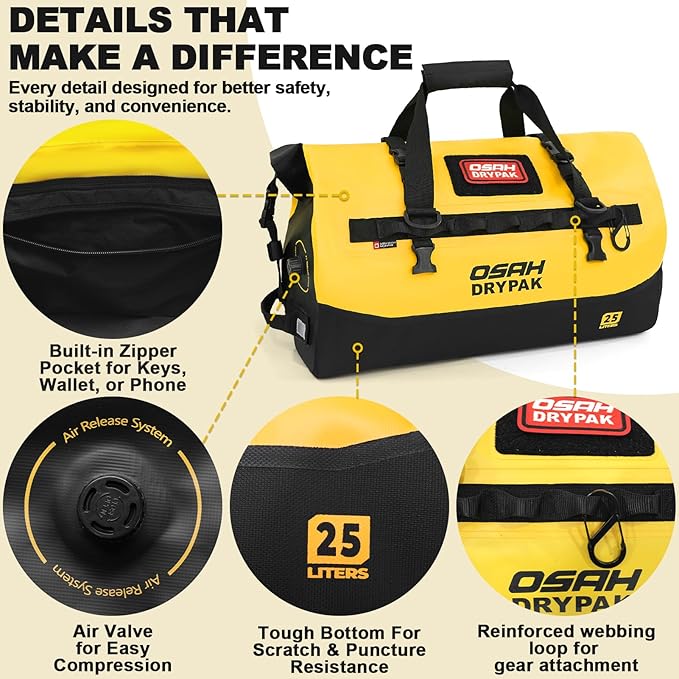 OSAH DRYPAK Waterproof Duffel Bag 25L/40L/60L – Heavy-Duty Motorcycle Tail Bag, Roll-Top Dry Bag for Travel, Camping, Boating, Kayaking, Outdoor Adventure