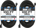 Iron Forge Cable 2 Pack 100 Ft Black Extension Cord, 16/3, 100 Foot Extension Cord, 3 Prong, Weatherproof - Great for Outside Use