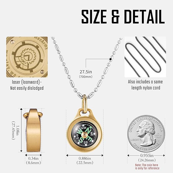 MecArmy Mini Titanium/Brass Compass, Waterproof IPX5 Pocket Compass for Hiking & Survival, Keychain & Necklace Gifts for Men & Women, Ideal Graduation & Outdoor Adventure Present