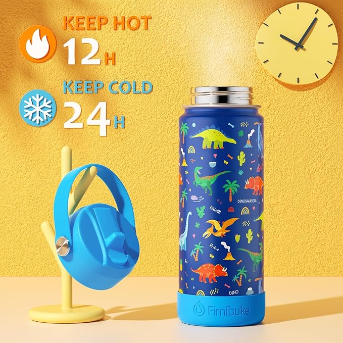 Fimibuke Kids Insulated Water Bottle, 18oz BPA FREE 18/8 Stainless Steel Kids Cup with Straw Travel Tumbler Double Wall Vacuum Leak Proof Toddler Water Bottle for School Boys Girls(1 Pack, Rainbow)