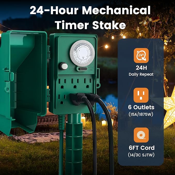 SURAIELEC Outdoor Power Stake, 24-Hour Mechanical Light Timer, Electrical Power Strip Weatherproof, 6FT Extension Cord Multiple Outlet Plug for Patio Lights, Christmas Decorations, Outdoor Light