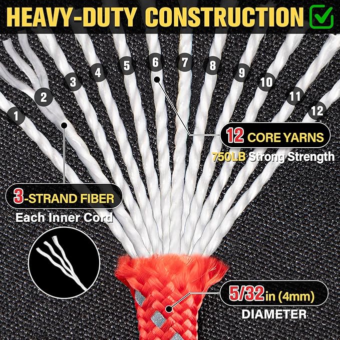 Reflective Paracord Rope 750 lb - 200ft 5/32" Parachute Cord 4MM 12-Strand para Cord - Heavy Duty Spool String for Survival,Camping Gear, Survival Bracelet, Clothesline - Red