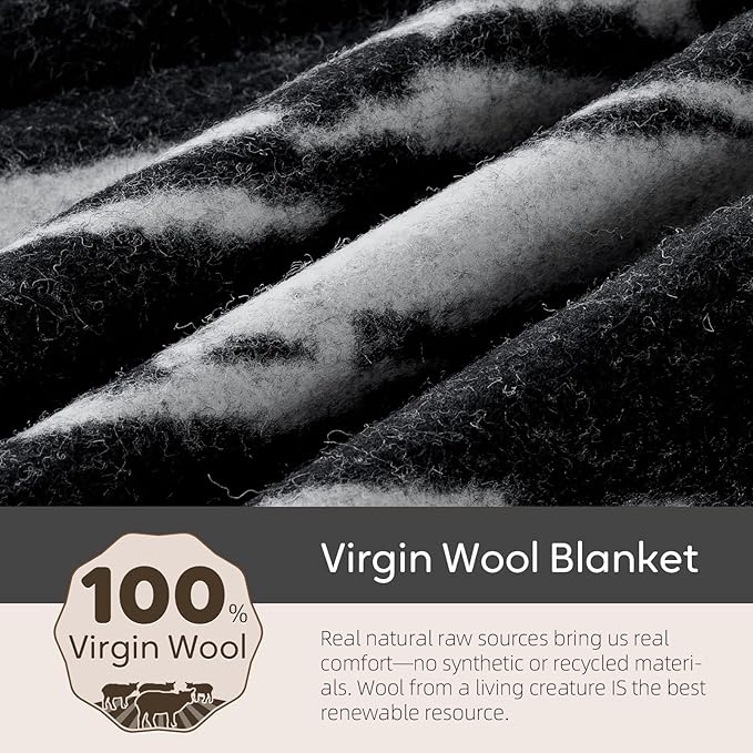 Molithe 100% Wool Blanket, 48" x 62", Warm, Thick, Washable, Military Wool Blanket, Great for Camping, Outdoors, Sporting Events, Survival Kits,Black White Striped