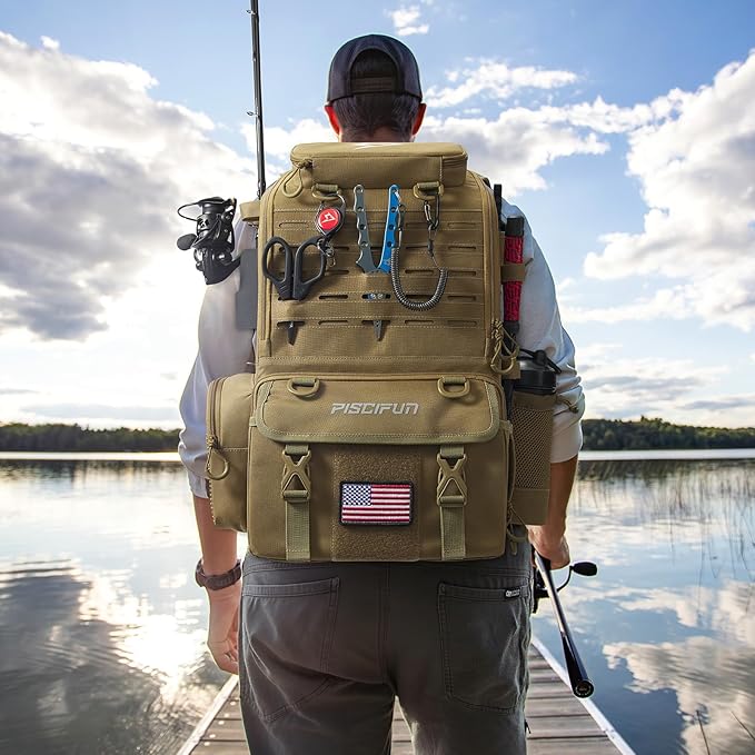 Piscifun 52L Fishing Tackle Backpack with Rod Holders & 4 Tackle Boxes, Large Tackle Bag for Gear Storage with Rain Cover