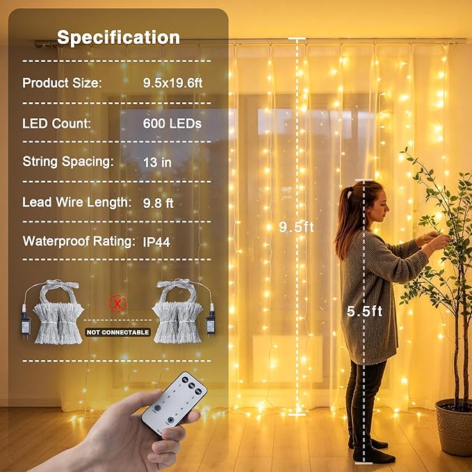 JMEXSUSS 600 LED Curtain Lights Outdoor, 9.5ft x 19.6ft Window Hanging Lights with Remote, Plug in, 8 Modes, Indoor String Lights for Bedroom, Wall, Xmas, Party, Backdrop, Wedding Decor, Warm White