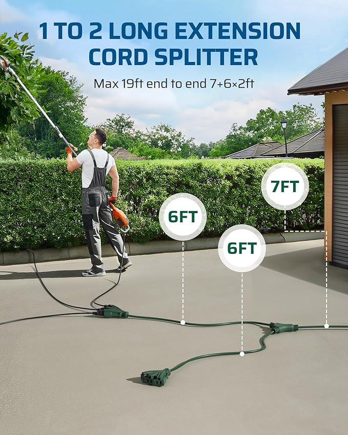 DEWENWILS Outdoor Extension Cord 1 to 2 Splitter, 19FT Total Length, 6 Grounded Outlets, 16AWG SJTW Heavy Duty Power Cord Waterproof for Landscaping Light, Holiday Decoration, Green, ETL Listed