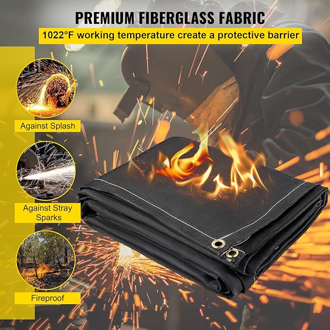 VEVOR Fire Blankets, 2 Pack Welding Blankets, 6' x 10' Fire Suppression Blanket, 1022 °F Flame Retardant Blanket, Black Fire Emergency Blankets, Fiberglass Fire Retardant Blanket with 8 Brass Grommets