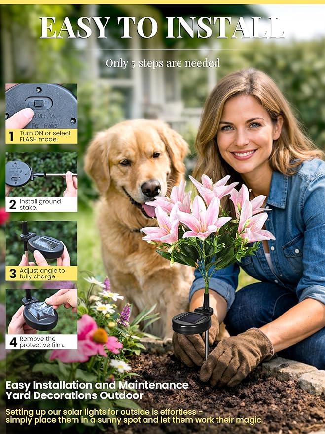 GIGALUMI Solar Garden Lights, 2 Pack LED Lily Garden Decor Carefree Solar Flowers Outdoor Waterproof, Yard Decorations Outdoor, Allergy-Free Light up Flowers for Yard Patio (1White,1Pink)
