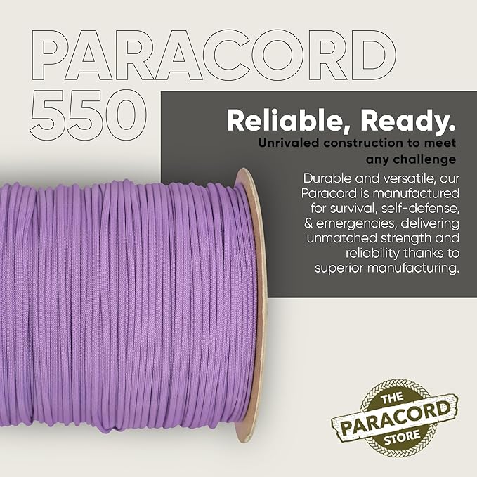 The Paracord Store | Type III 550 Paracord - 250 FT Spool, Lilac | Heavy Duty 7 Strand Tactical Paracord - USA Made Nylon Outdoor Parachute Cord for Camping, Fishing & More - Survival Cord