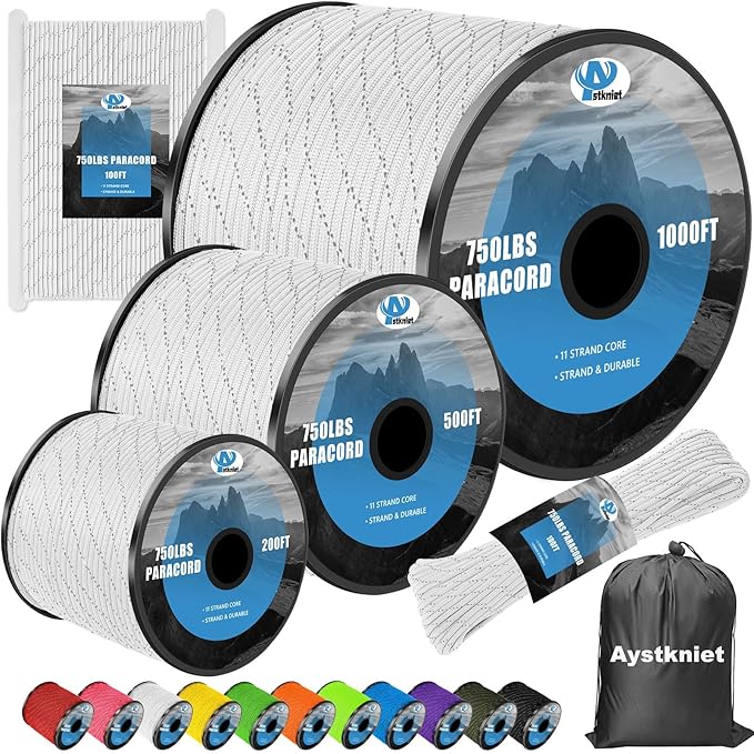 750Ib Reflective Paracord Rope,100' 200' 500' 1000', 4mm 11 Strand Parachute Spool Cord with Collecting Bag, para Cord Lanyard for Hammock, Camping