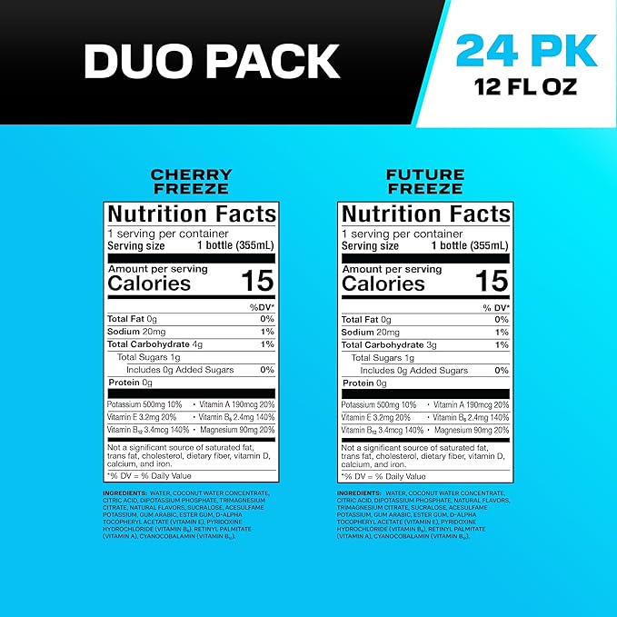PRIME Hydration Cherry Freeze & Future Freeze Sports Drinks with Coconut Water, Electrolyte Enhanced to Replenish Fluids, Zero Added Sugar, B Vitamins, Antioxidants, Natural Flavors, 12 Fl Oz 24 Pack