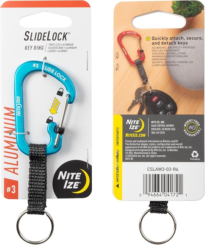 Nite Ize SlideLock Key Ring, Locking Carabiner Key Chain with Webbing, Orange