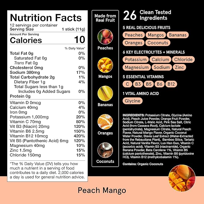DryWater Electrolyte Powder Packets, Peach Mango - Hydration Packets Drink Mix with Zero Added Sugar for Rehydration & Energy - 6 Key Electrolytes, 5 Essential Vitamins & 5 Real Fruits - 12 Pack