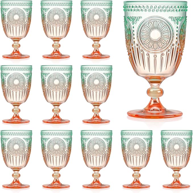 XUWAIDSGN 12Pcs Plastic Vintage Wine Glasses 13.5oz Reusable Embossed Goblet Glasses Green Orange Gradien Retro Wine Glassware Unbreakable Stemmed Champagne Water Cups for Cocktail Juice Wedding, bach