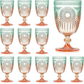 XUWAIDSGN 12Pcs Plastic Vintage Wine Glasses 13.5oz Reusable Embossed Goblet Glasses Green Orange Gradien Retro Wine Glassware Unbreakable Stemmed Champagne Water Cups for Cocktail Juice Wedding, bach