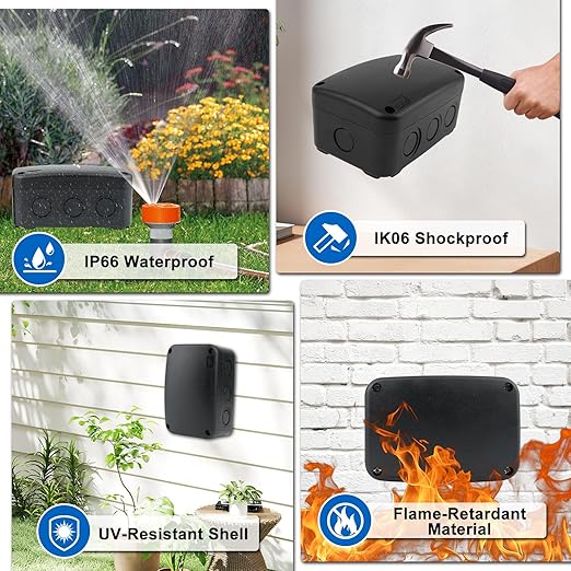 Weatherproof Junction Box,Nineleaf IP66 Waterproof Electrical Project Boxes PVC/ABS Plastic Enclosure Box CCTV Watertight 4.9 x 3.3 x 2.3 inch,Black,with 4PK 20mm Cable Gland