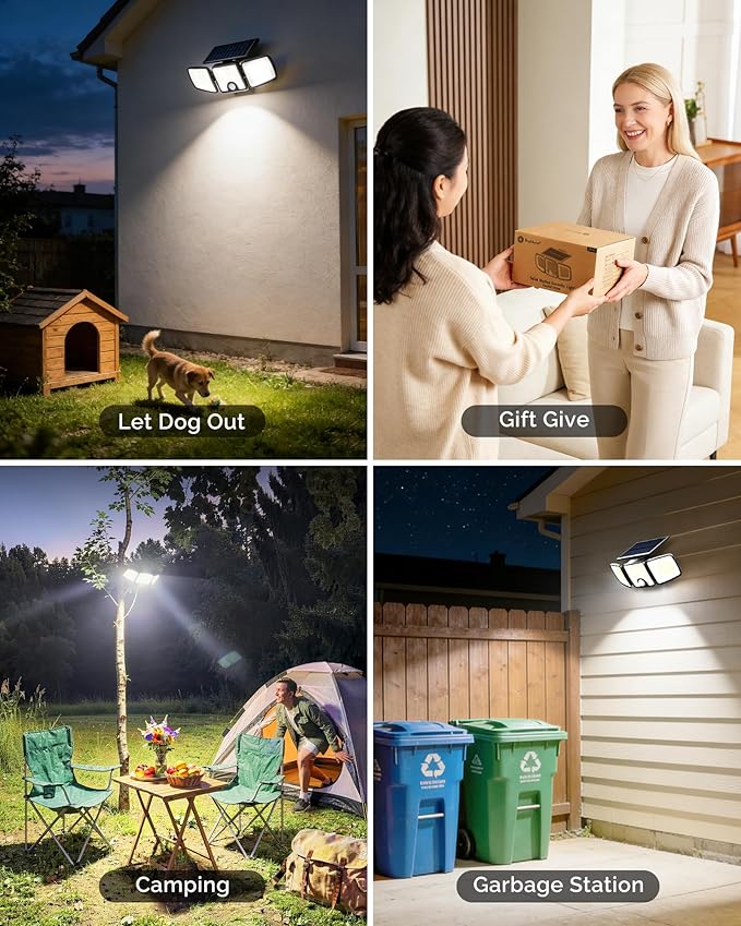 Brightown 2 Pack Solar-Security-Flood-Outdoor-Lights-with-Motion-Sensor, 223 LED 3 Head 270° Angle Street Area Security Lights with Remote, IP65 Waterproof Wall Lights with 3 Modes for Yard Outside