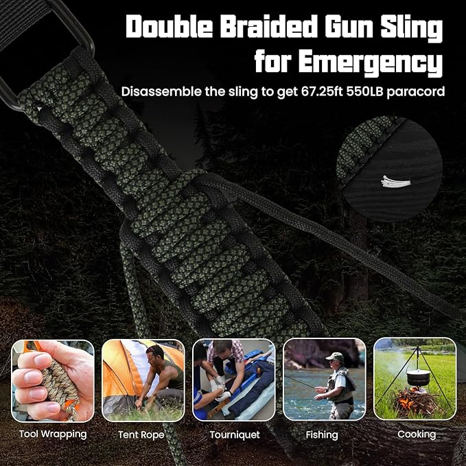 Double Braide 550LB Shotgun Sling 2 Point Paracord Rifle Sling,Non-Slip Traditional Adjustable Gun Sling for Hunting Shooting Camping