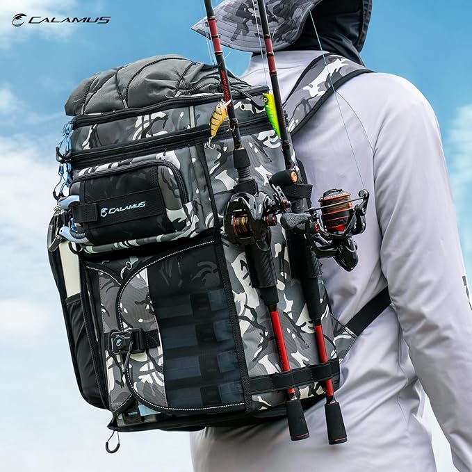 Calamus GearMaster Tackle Backpack with Bait Binder, Large Lightweight Water-Resistant Fishing Bag, Rod Holders, Food Storage