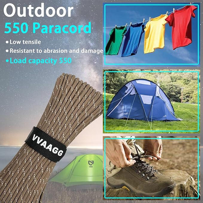 VVAAGG Reflective Paracord Rope 100FT, 7 Strand Nylon para Cord Lanyard Utility 550 Parachute Cord, 4mm Thin Tent Rope for Outdoor Camping Hiking