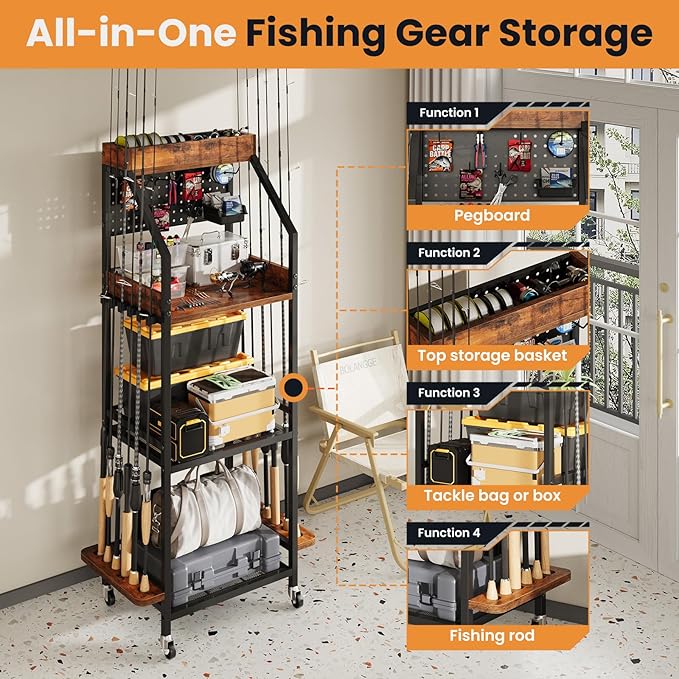 Fishing Rod Holder for Garage with Hooks & Pegboard, 3-Tier Fishing Pole Rack Holds 12 Rods, Rolling Fishing Rod Storage Organizer with Wooden Tool Box, Fishing Tackle Shelf for Anglers