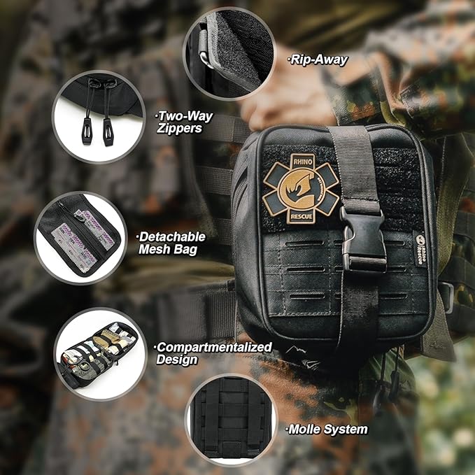 RHINO RESCUE IFAK Trauma Kit with Tourniquet for Wound Care, Tactical First Aid Kit Molle Pouch for Military, Combat, Car, Camping, Hiking, Travel (Coyote Brown)