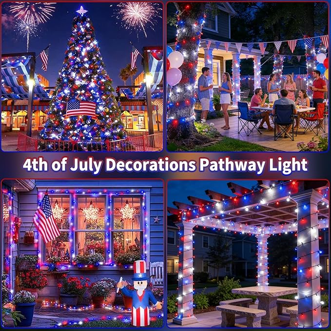 2 Pack 480 LED Solar String Lights for Outside, 170 FT Solar Powered Outdoor Waterproof Twinkle Lights, Solar Tree Light for 4th of July Indenpance Day USA 250th Anniversary Decor (Red White and Blue)