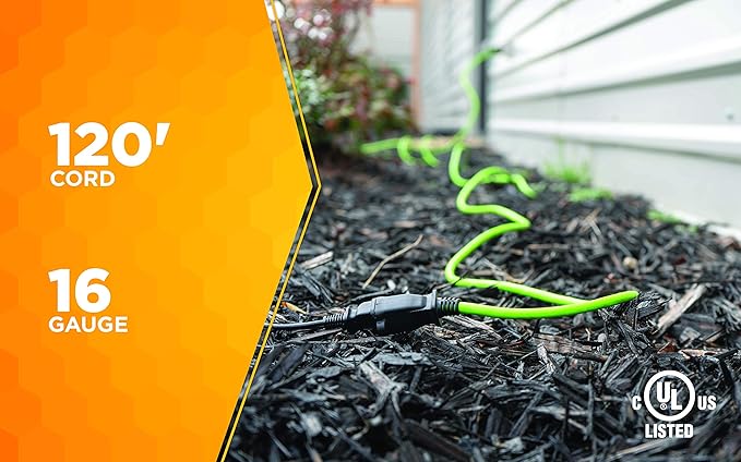 Southwire Outdoor Extension Cord - Flexible Weatherproof Power for Landscaping & Outdoor Lighting - SJTW Extension - 16 Gauge - 2 Prong - 120 Foot - Lime Green