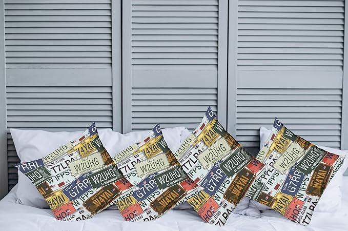 Ambesonne Vintage Decorative Throw Pillow Case Pack of 4, Original Retro Style License Plates Personalized Creative Travel Vacation, Cushion Cover for Couch Living Room Car, 18", Blue Green