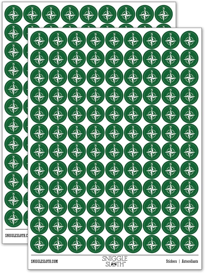 Compass Rose Nautical Star Navigation Map 200+ Round Stickers - Gloss Finish - 0.50" Size - Dark Green