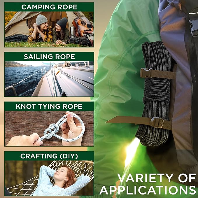 TECEUM Rope – 150 Feet x 1/4 Inch (7mm) – Black – Strong All-Purpose Utility Rope – Camping, Crafting, Flag Pole, Indoor & Outdoor – Polypropylene Nylon Poly Lightweight Diamond Braided Cord